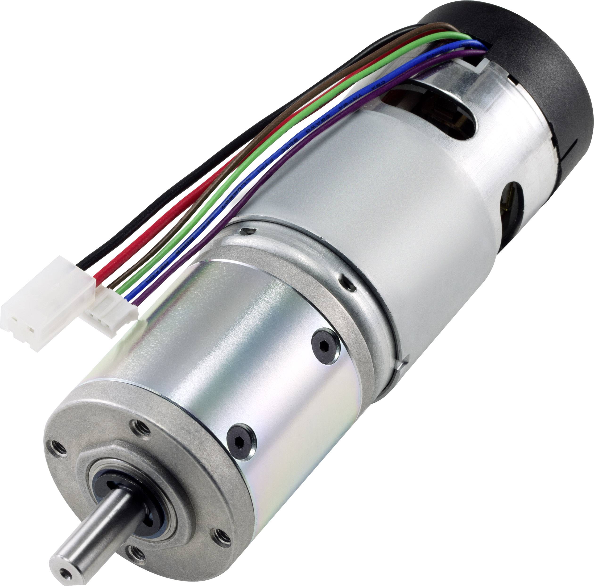 Un moteur électrique avec des câbles intégrés de différentes couleurs et une fiche de connexion.