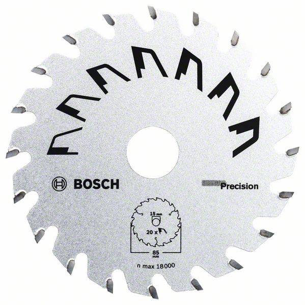 Lame de scie de la marque Bosch avec motif d'engrenage et spécifications techniques sur la face avant. Démontre la précision et le logo de la marque.