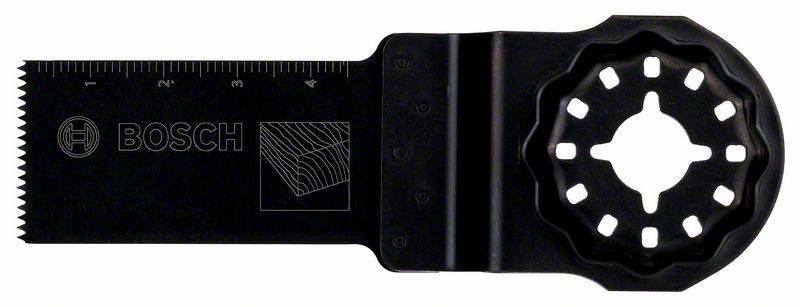 Lame de scie Bosch noire avec échelle, surface de coupe rectangulaire et fixation en étoile pour outils multifonctions.
