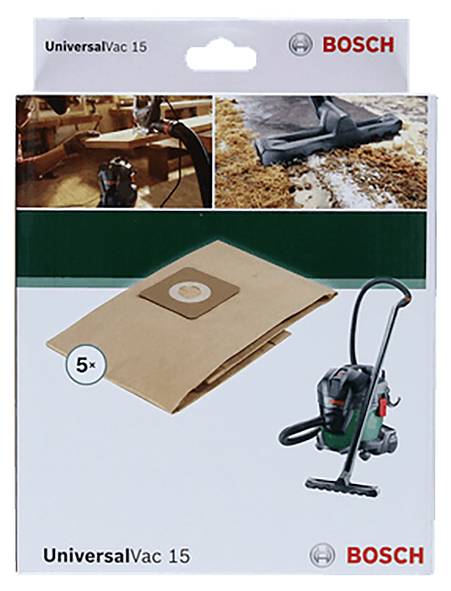 Emballage de sacs d'aspirateur de la marque Bosch pour l'UniversalVac 15. Présente les sacs, l'aspirateur et ses applications pour le nettoyage.