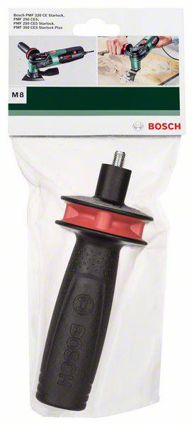 Poignée pour outils Bosch, modèle M8, présentée dans son emballage. Illustre l'utilisation et l'application sur des photographies.