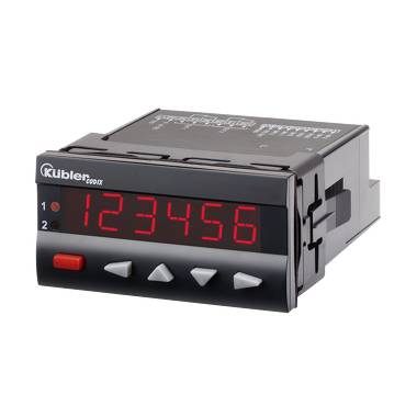Module numérique noir de compteur/minuterie affichant un affichage rouge 123456, avec boutons avant et voyants indicateurs.