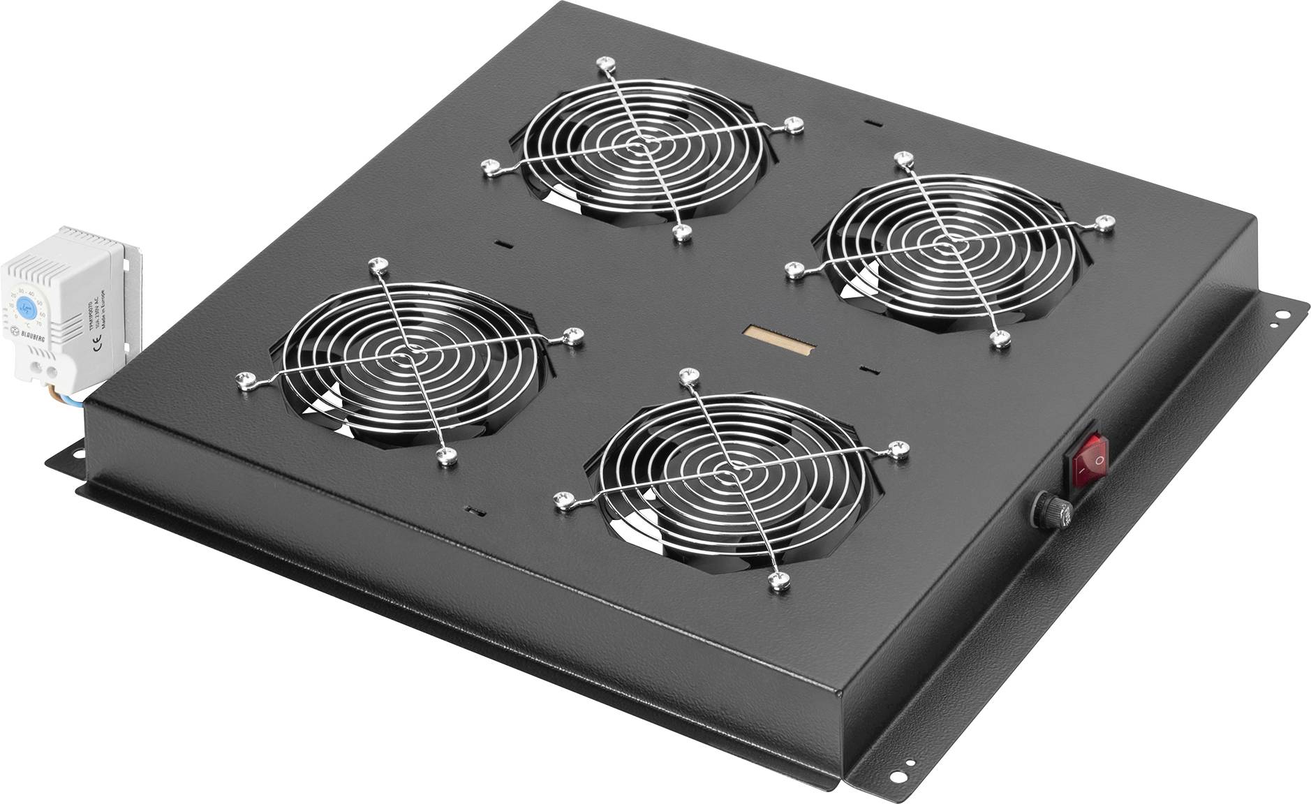 Une unité de refroidissement en métal noir avec quatre ventilateurs disposés en grille, dotée d'un interrupteur rouge sur le côté et d'un petit boîtier de commande gris attaché.