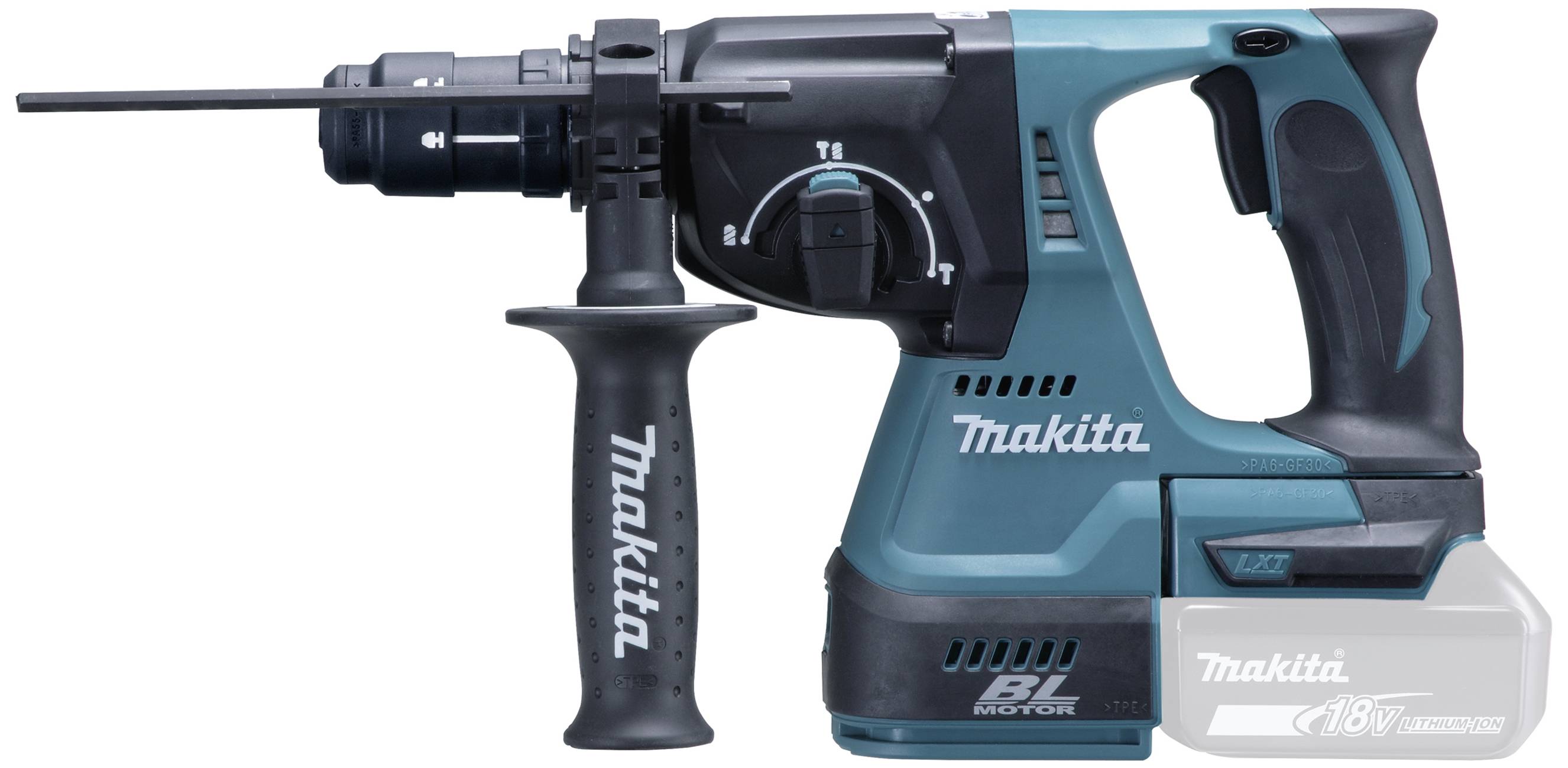 Un marteau perforateur sans fil dans un boîtier bleu et noir avec poignée latérale, adapté pour les travaux de perçage dans le béton, le bois ou le métal.