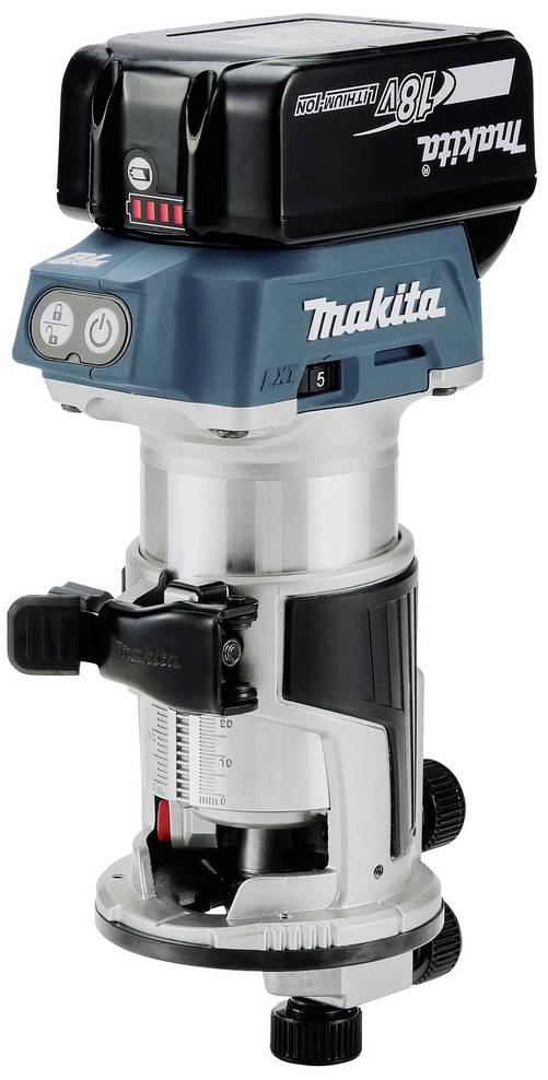 Défonceuse Makita 18V avec boutons de réglage et graduation sur la base. La zone supérieure contient un indicateur de batterie.