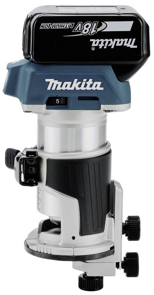 Une défonceuse sans fil Makita avec batterie lithium-ion 18V, de couleur bleue et noire, adaptée pour l'usinage précis du bois.