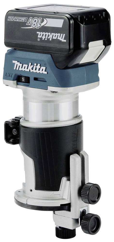 Un appareil électrique compact alimenté par batterie portant l'inscription 'Makita 18V'. Il est composé d'un bloc moteur en haut et d'une base métallique en bas.