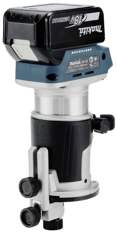 Défonceuse sans fil Makita 18V. Design compact en noir, bleu et argent pour des travaux précis sur bois.