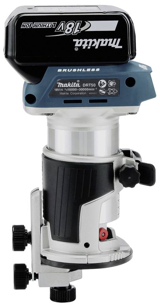 Un moteur de fraisage Makita sans fil, alimenté par batterie 18V, adapté aux travaux précis sur bois.