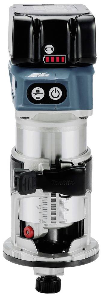 Un outil de défonceuse sans fil avec régulateur de vitesse réglable, indicateur de charge de batterie et poignée ergonomique, adapté aux travaux de menuiserie.