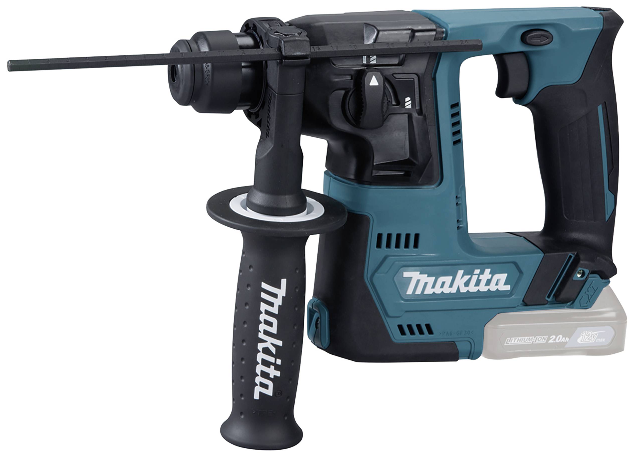 Un marteau perforateur sans fil en turquoise et noir. Il dispose d'une poignée avec le logo 'Makita' et est livré avec une poignée latérale.