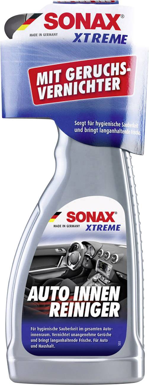 'Bouteille de nettoyant avec ÉTIQUETTE : SONAX XTREME Nettoyant Intérieur Automobile, Avec Destructeur d'Odeurs. Pour une propreté hygiénique à l'intérieur de la voiture.'