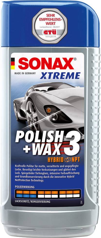 'Sonax Xtreme Polish+Wax 3' Produit d'entretien automobile, bouteille bleue avec illustration de voiture de sport. Promet protection et conservation de la peinture.