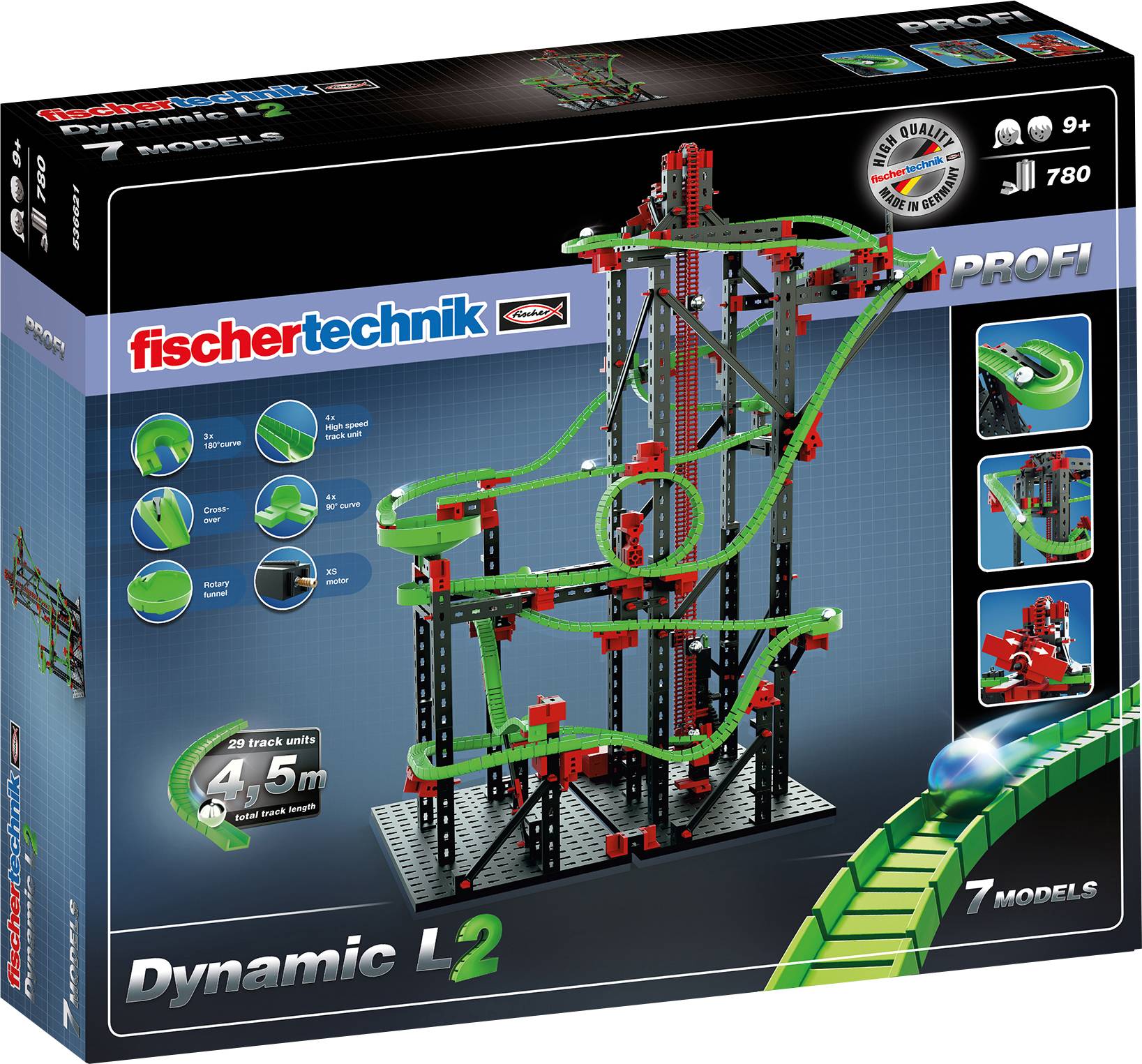 Kit 'Fischertechnik Dynamic L2' pour circuit de billes avec 780 pièces. Présente des loopings et différents modèles à assembler. Convient à partir de 9 ans.
