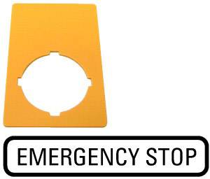 Un panneau orange avec une découpe circulaire porte l'inscription « Emergency Stop », désignant un bouton d'arrêt d'urgence.