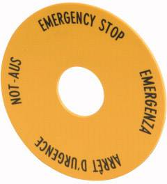 Autocollant rond orange avec l'inscription 'NOT-AUS', 'EMERGENCY STOP', 'EMERGENZA', 'ARRET D'URGENCE' autour d'un trou central.