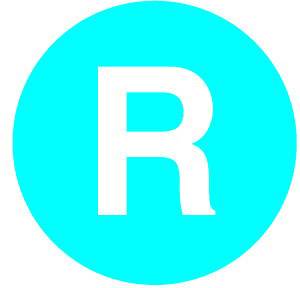 Fond rond de couleur turquoise avec un grand lettrage blanc 'R' au centre.