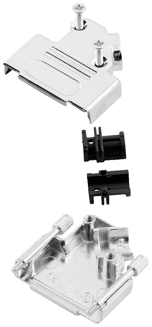 Boîtier métallique décomposé avec vis et supports en plastique, probablement destiné à un raccordement électromécanique ou à une prise.