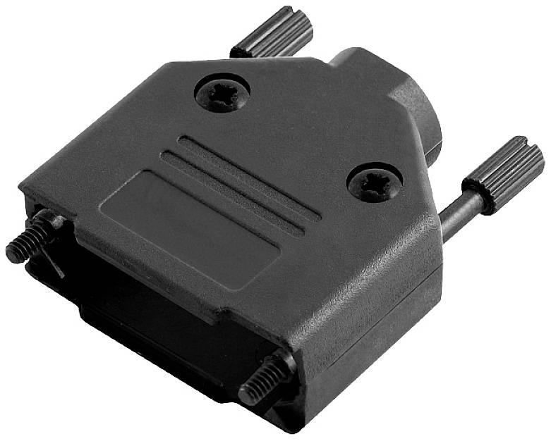 Boîtier de connecteur D-Sub noir avec vis de soulagement de traction et deux vis de fixation pour la fixation du câble.