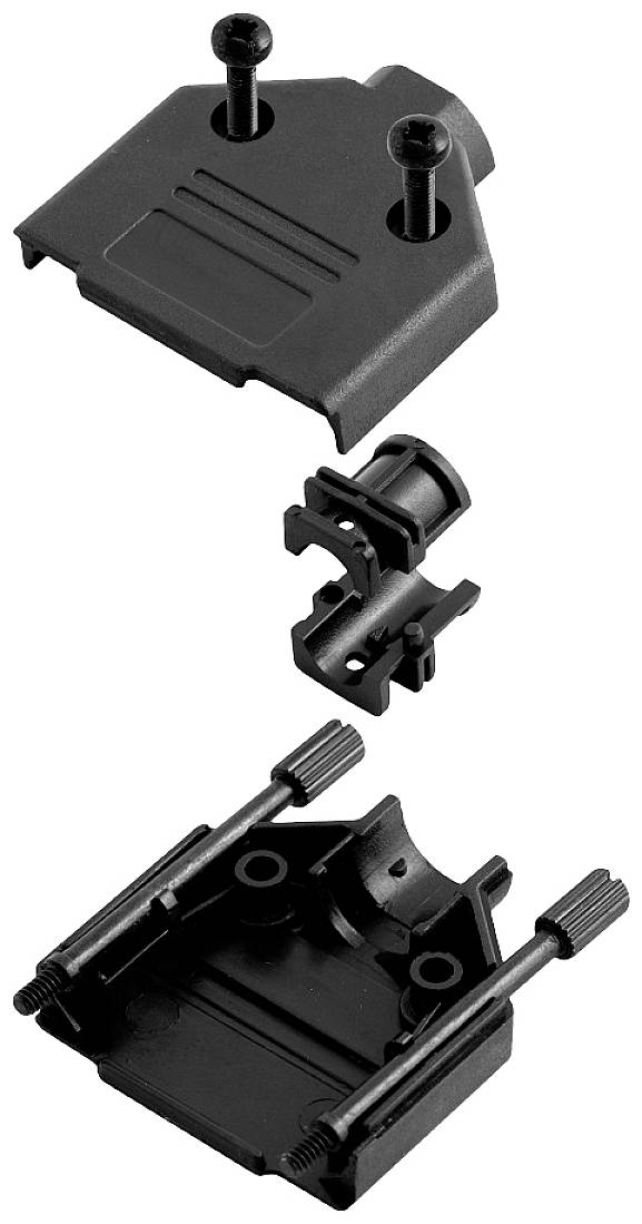 Voici un adaptateur noir démontré, avec ses vis de fixation. L'adaptateur est composé de trois pièces principales qui semblent flotter les unes au-dessus des autres.