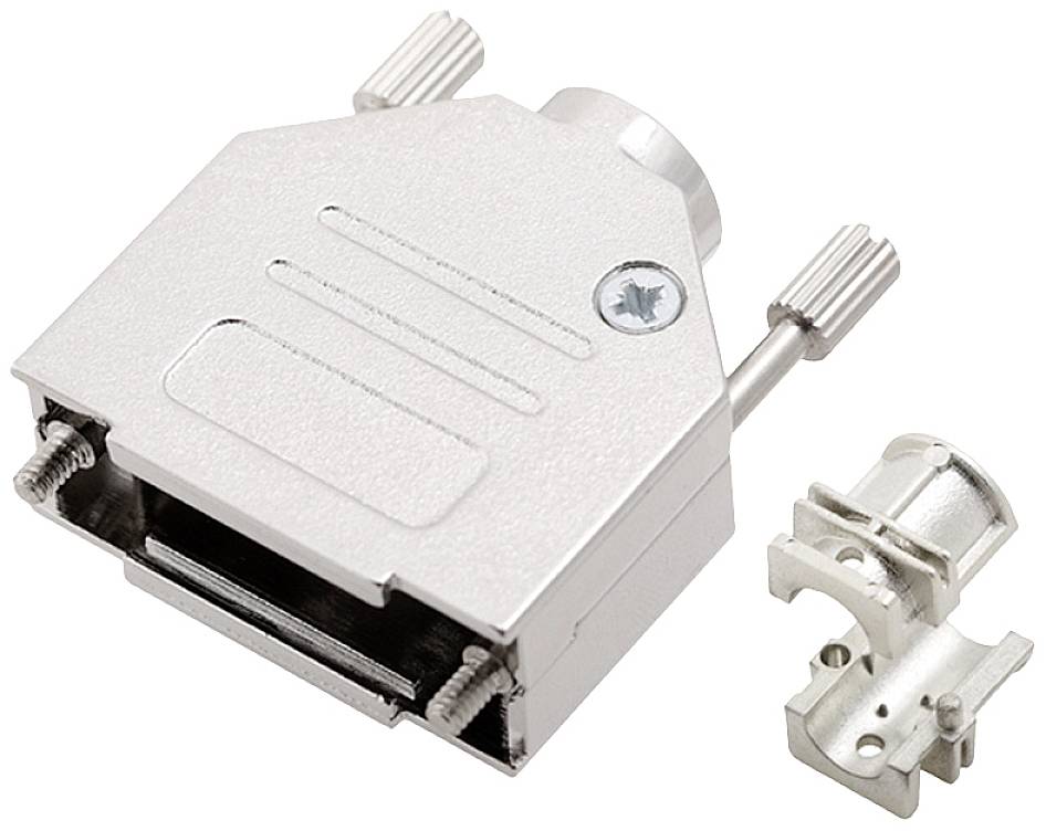 Boîtier de connecteur métallique avec verrouillage à vis et serre-câble. Le boîtier présente une ouverture rectangulaire pour un connecteur de raccordement.