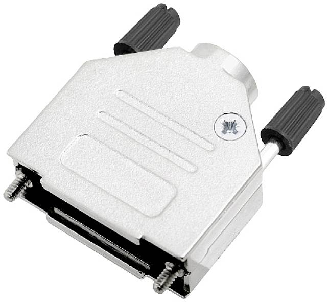 Capot de protection Sub-D en argent avec vis et connecteur de câble noir en haut. Adapté pour protéger les connexions de fiches.