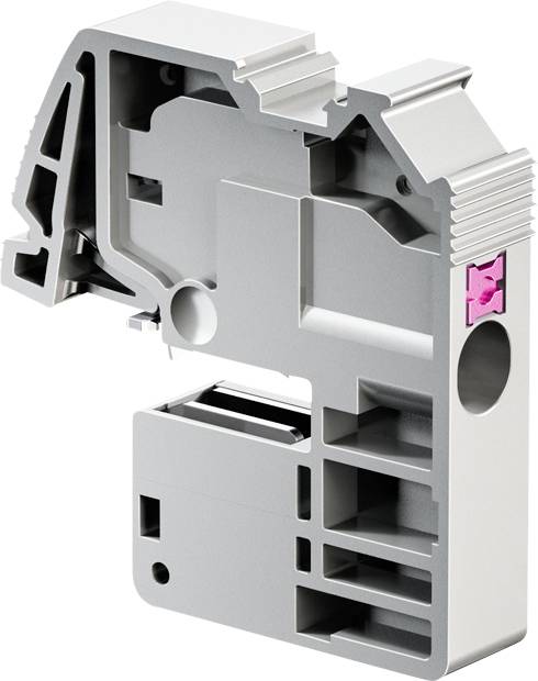 Un élément de bornier électrique gris avec un élément d'activation rose sur le côté, révélant des structures de câblage internes.