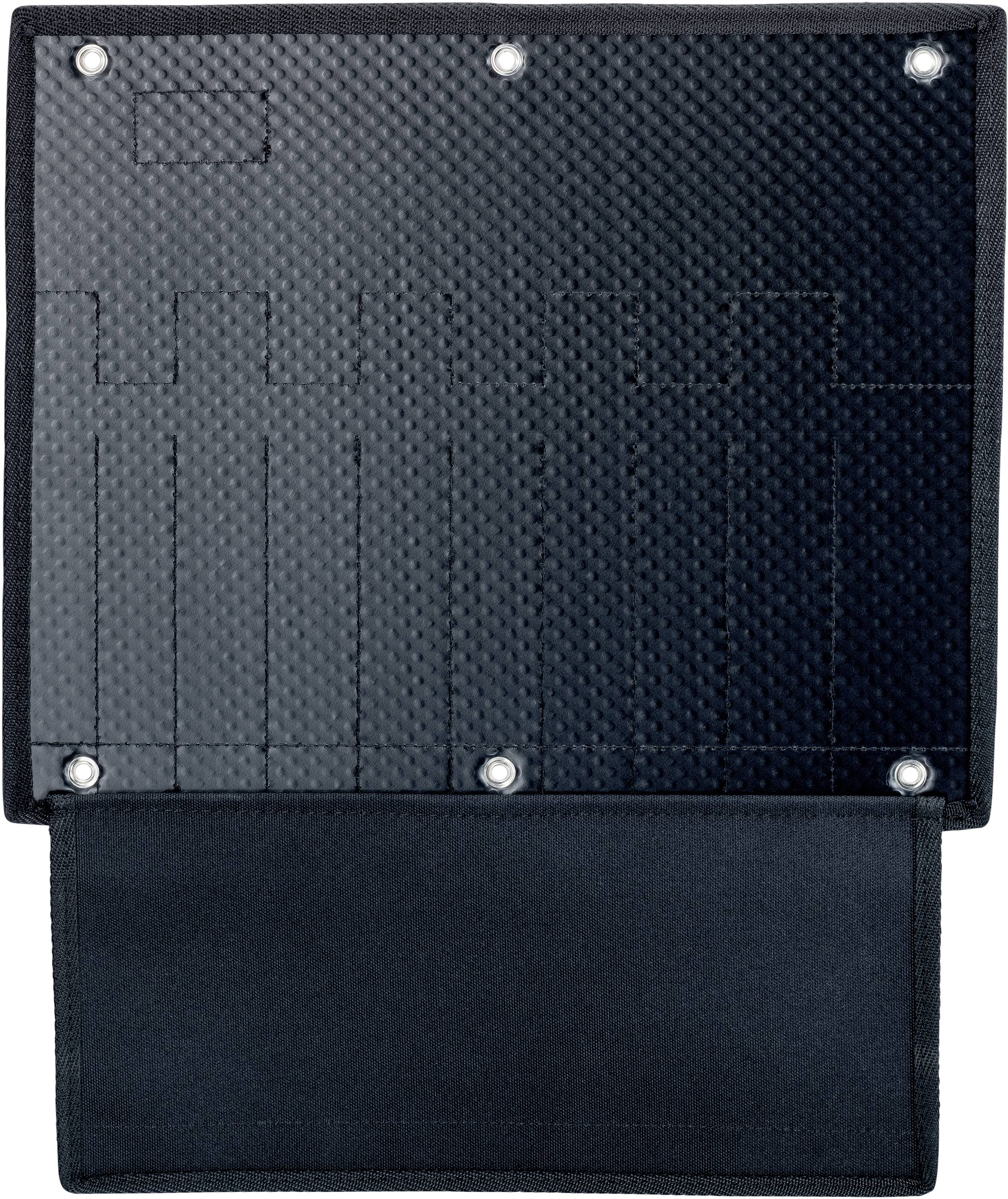 Étui de protection noir rectangulaire avec couvercle rabattable, idéal pour le rangement sécurisé de documents ou de petits objets.