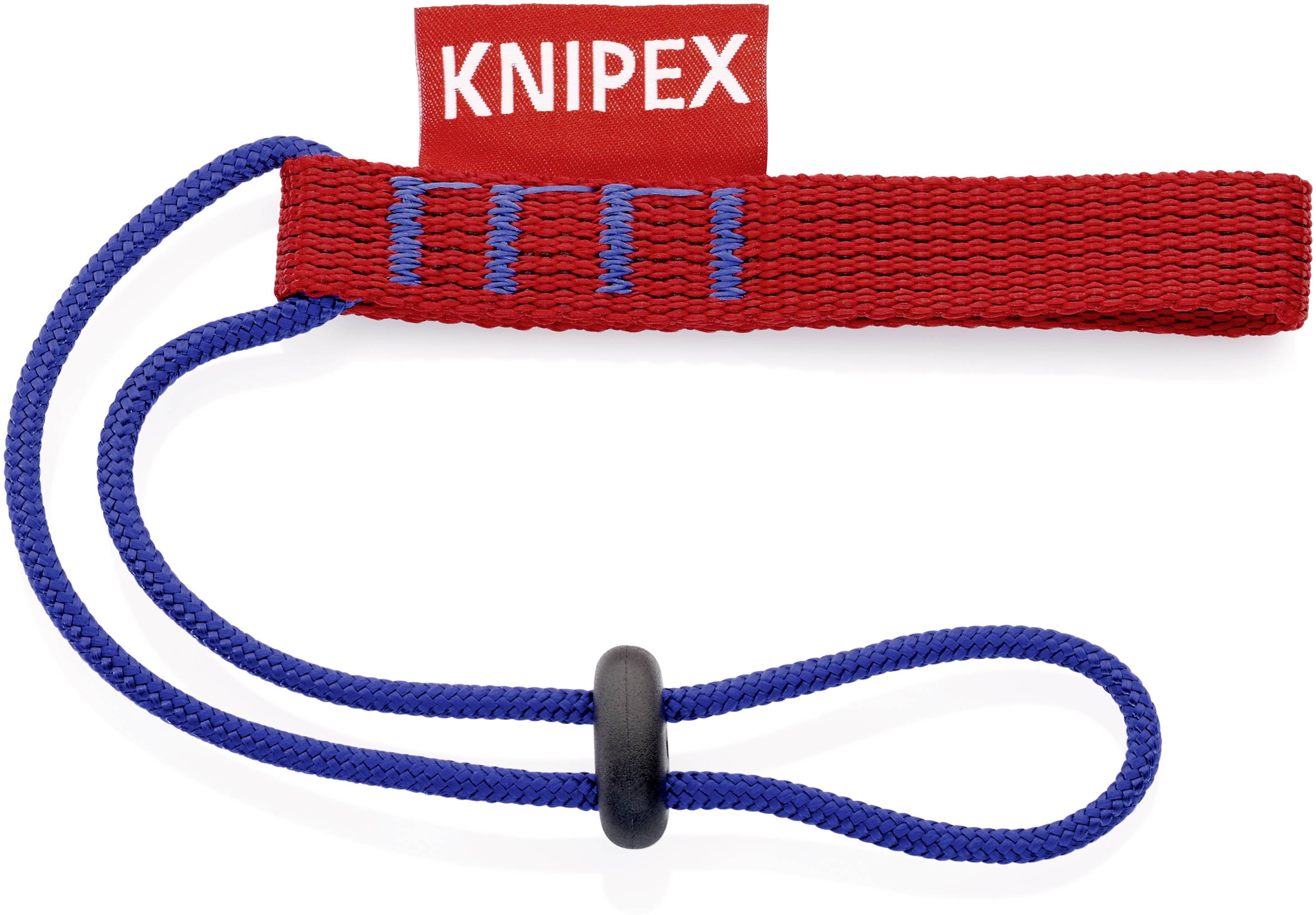 Dragonne rouge avec ruban bleu et arrêt de cordon, marquée 'Knipex', conçue pour une fixation sécurisée des outils.
