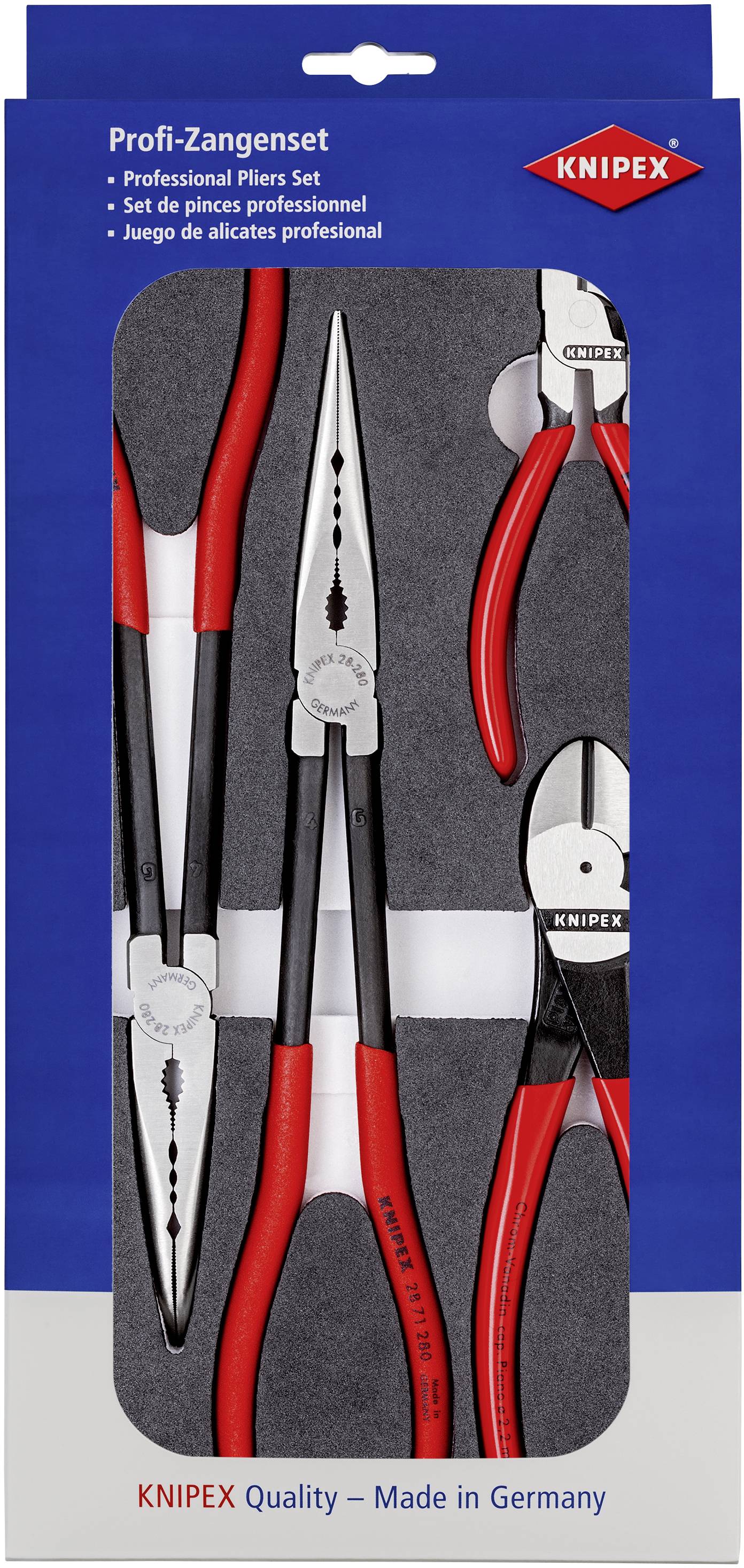Ensemble de pinces professionnelles Knipex, composé de différentes pinces avec des poignées rouges et noires dans un emballage bleu.