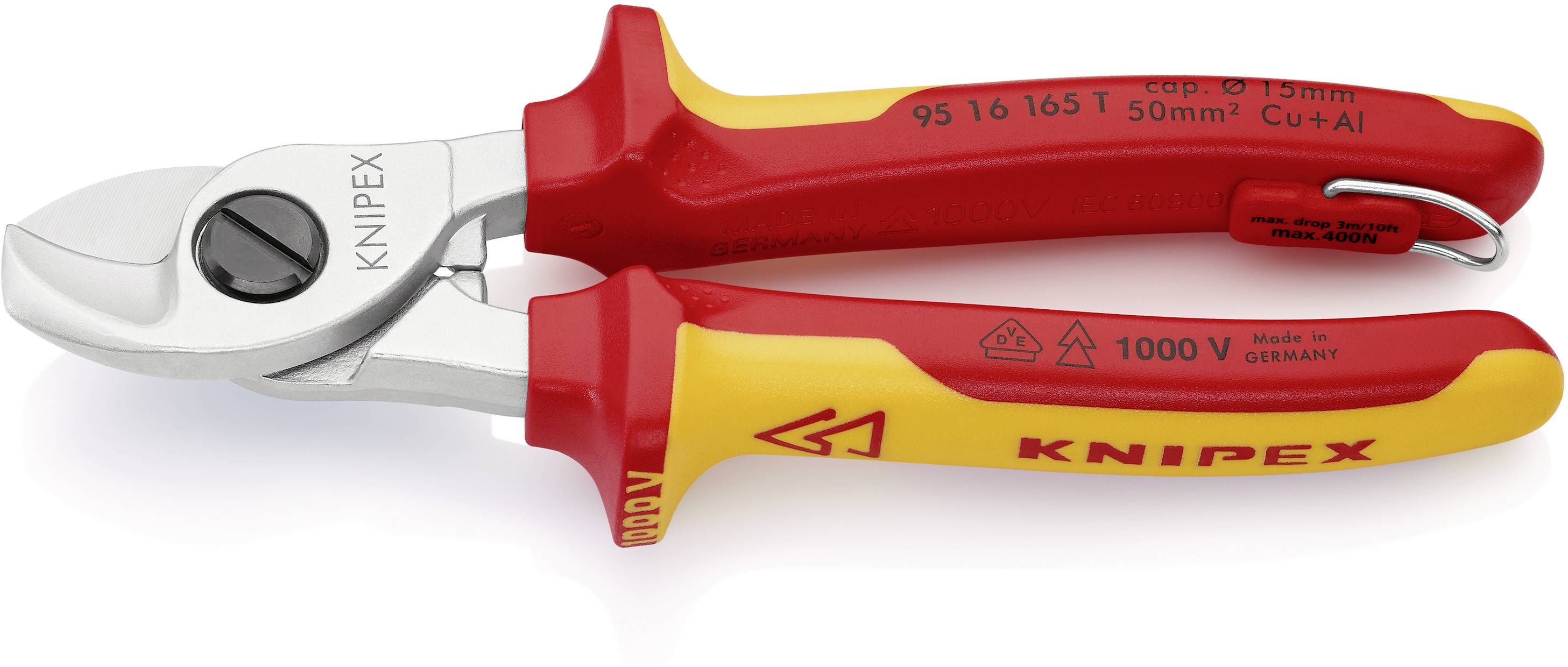 Une pince coupante Knipex rouge et jaune avec des poignées isolées et marquée '1000 V', adaptée pour travailler en toute sécurité sur des lignes électriques.