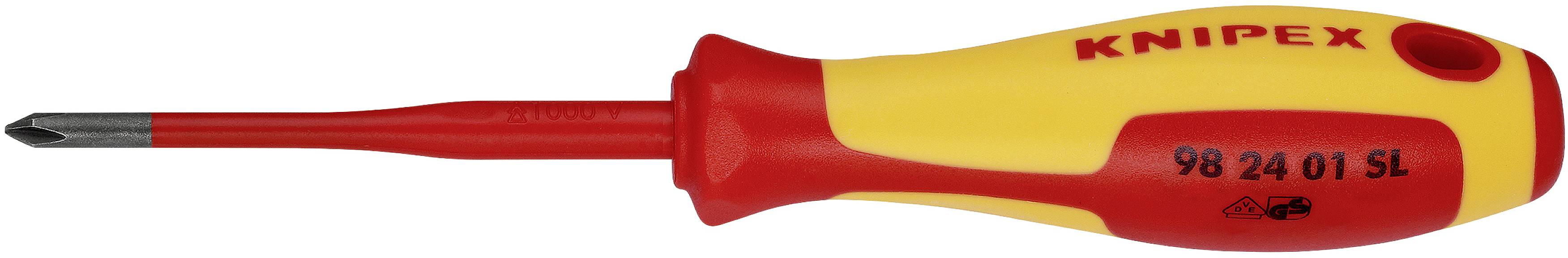 Tournevis isolé de la marque 'Knipex' avec poignée rouge et marquage jaune, adapté aux travaux sur installations électriques.