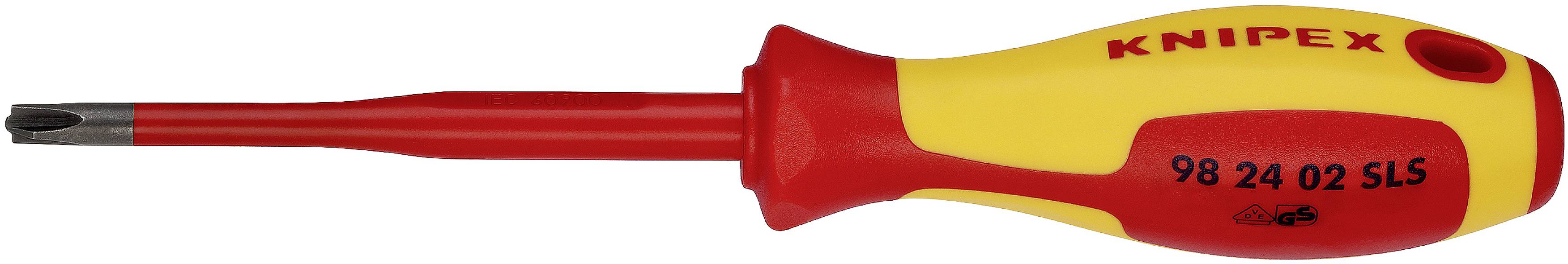 Un tournevis Knipex isolé à poignée rouge et jaune ; adapté aux travaux sur les installations électriques.