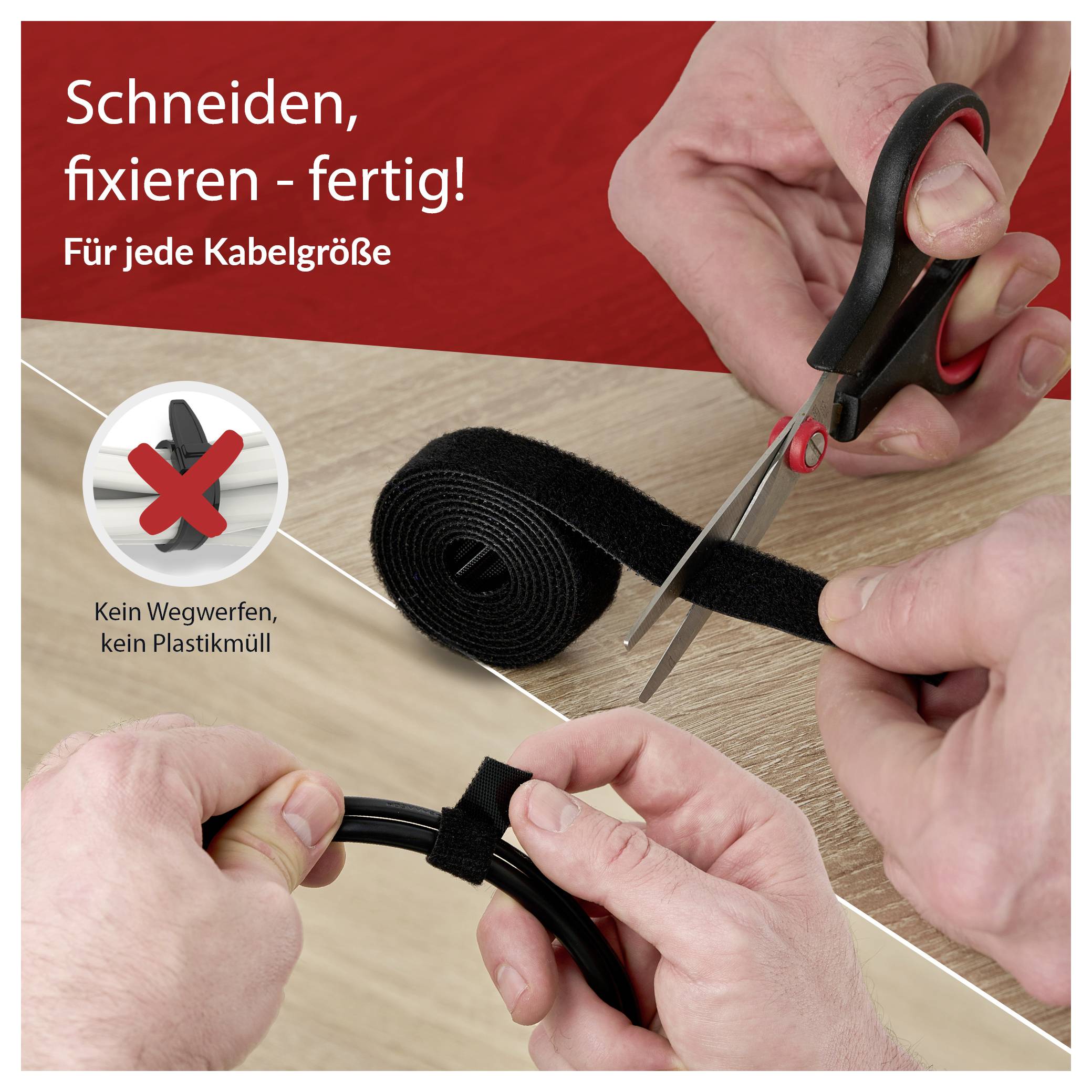 Hands cutting and fastening a reusable black cable tie with scissors; German text says 'Schneiden, fixieren - fertig!' and 'Für jede Kabelgröße', with a note 'Kein Wegwerfen, kein Plastikmüll'.