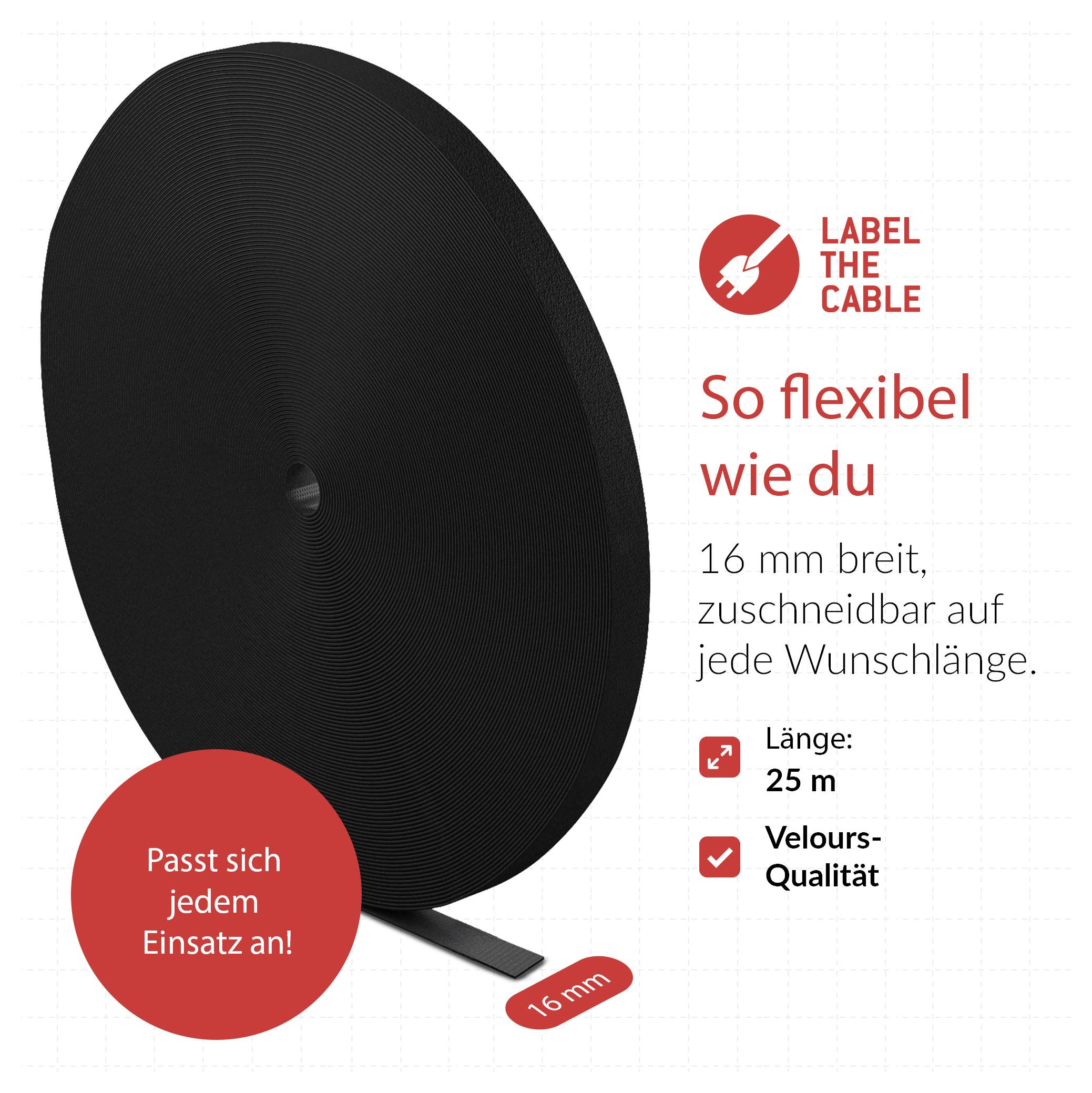 Black 16 mm cable spool advertising 'LABEL THE CABLE'; text says 'So flexibel wie du', cut to any length, 25 m length, velour quality, fits any use.