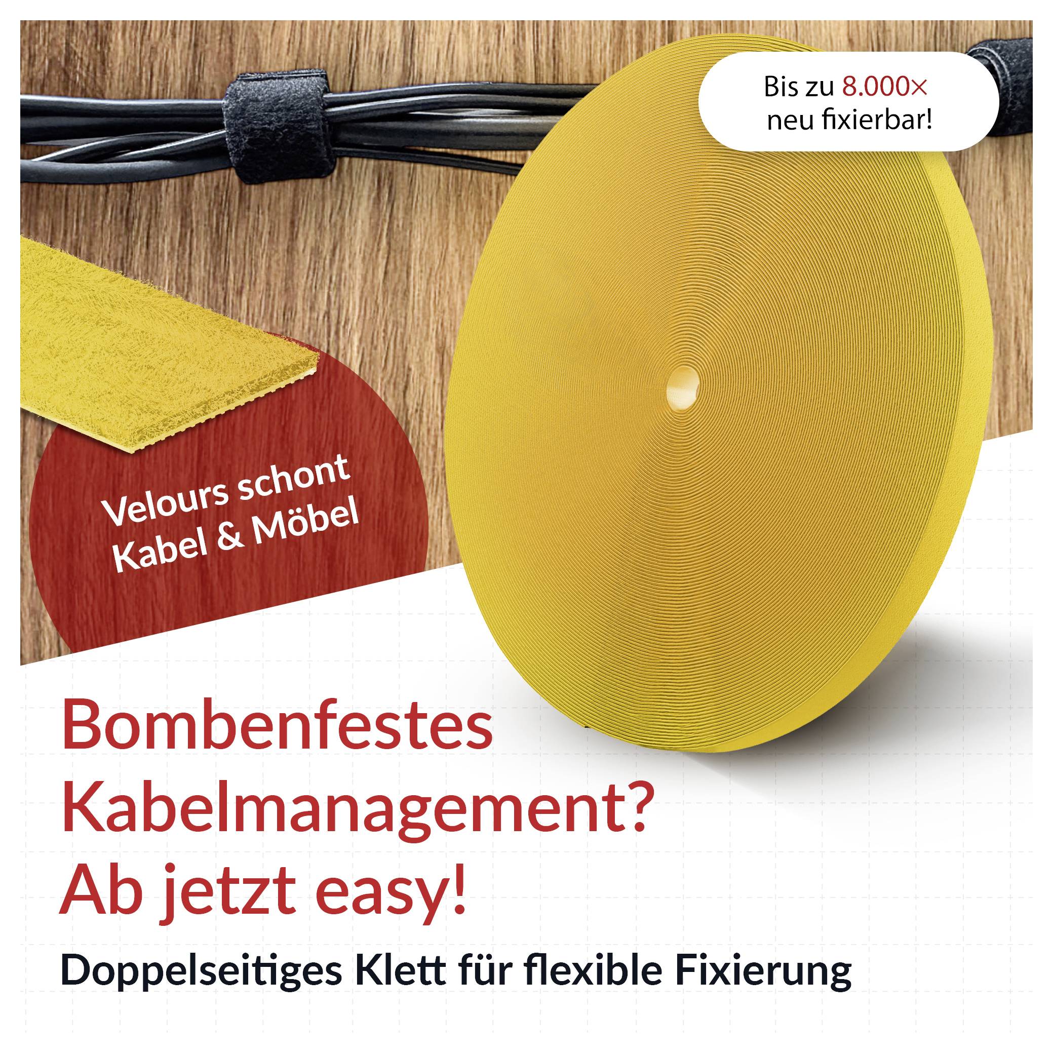 Promotional image of a yellow double-sided Velcro cable organizer securing black cables, with German text advertising easy, strong cable management and up to 8,000x re-fastening.