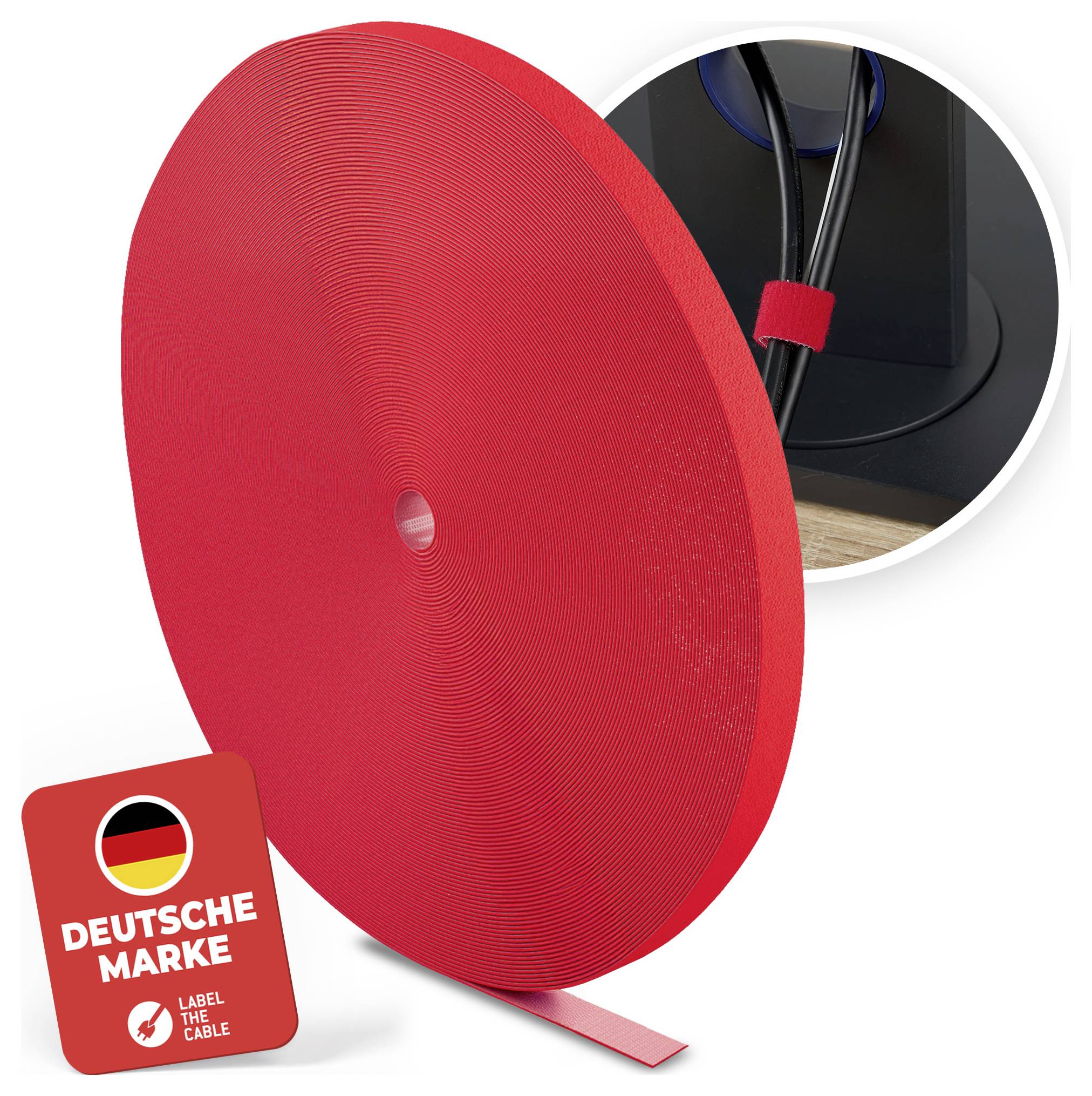 Red cable-management roll with a strip peeled off, shown with a small 'DEUTSCHE MARKE' label and a close-up of cables held by the red wrap.