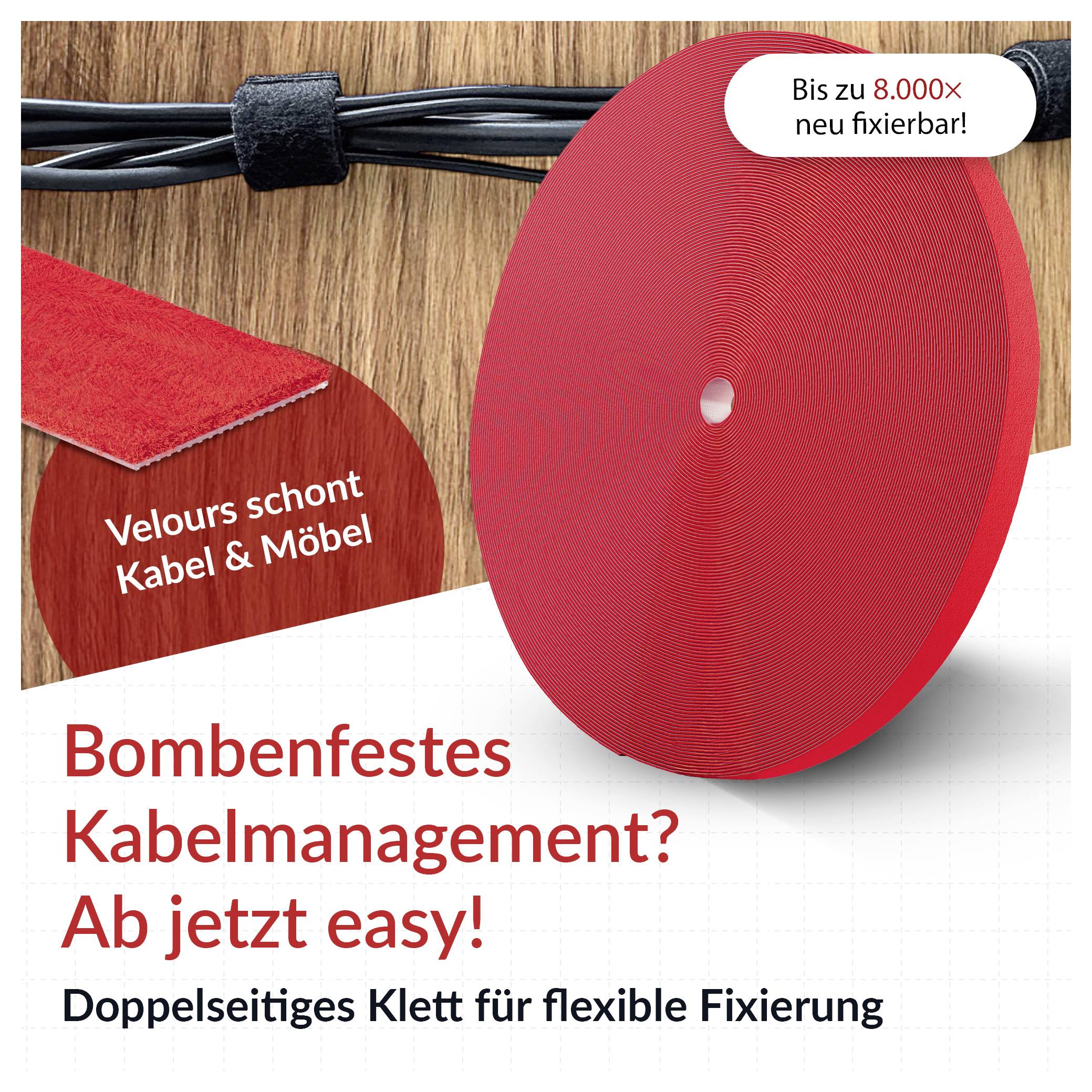 Red cable-management Velcro discs and strap for bundling cables, with German text promoting easy, strong double-sided fixation and furniture protection.