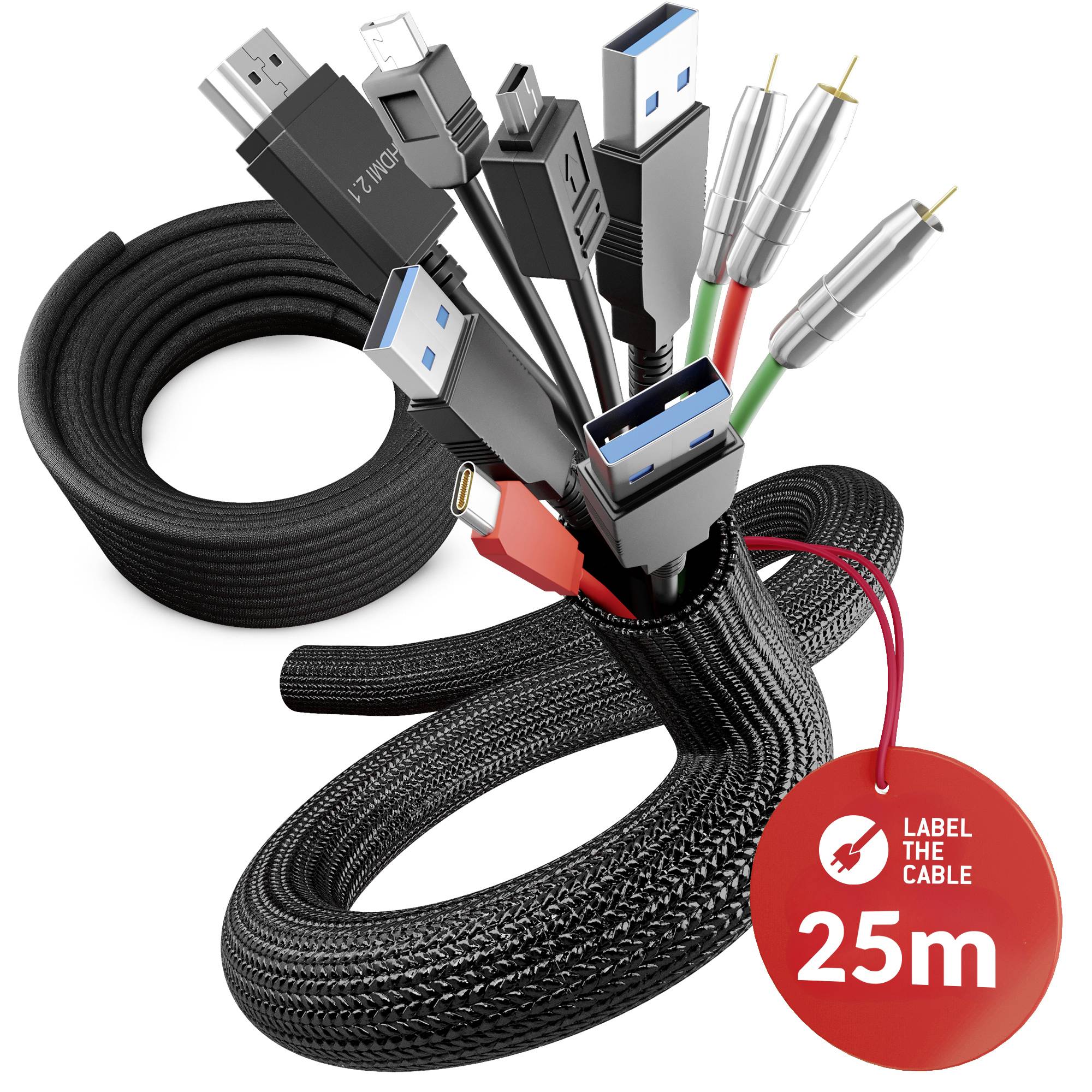 Sortierte Lade- und Datenkabel zusammengerollt, mit einem roten Etikett mit der Aufschrift „KABEL BESCHRIFTEN 25m