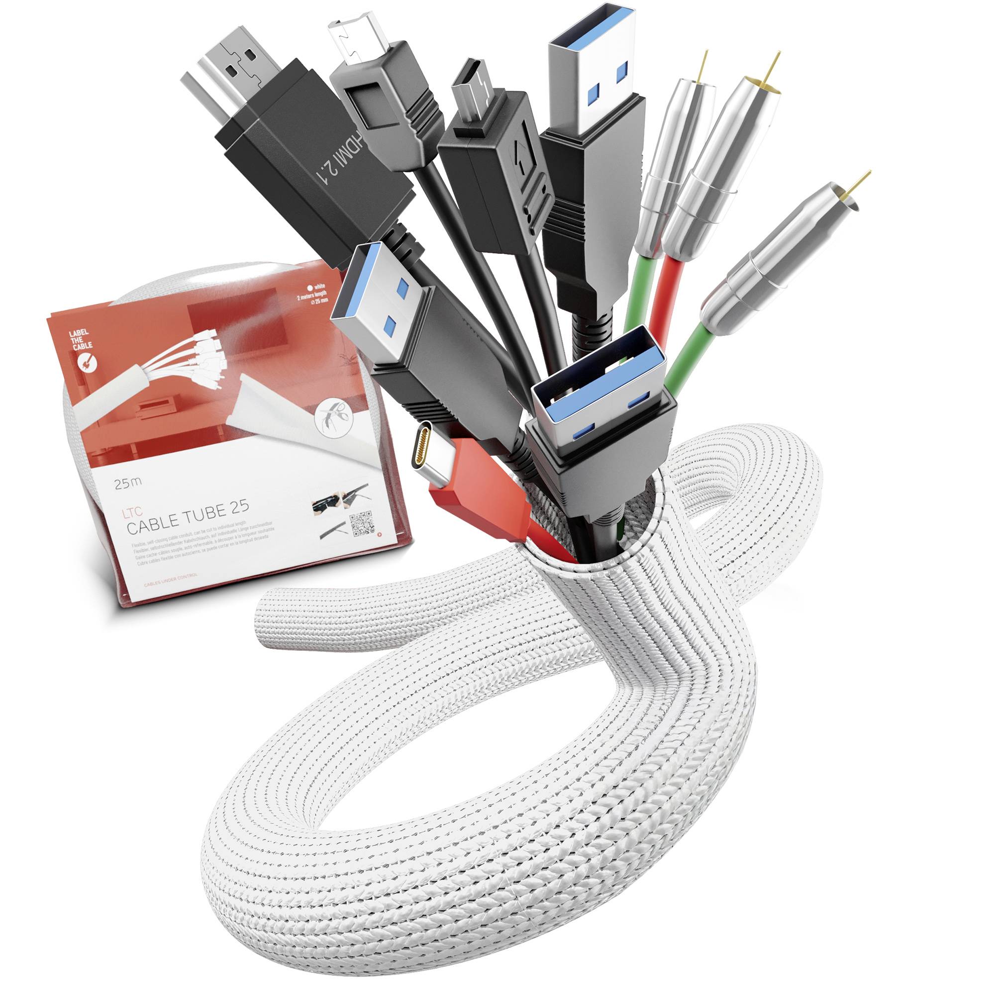 Gaine tressée blanche organisant plusieurs câbles USB, HDMI et d'alimentation, avec emballage étiqueté « CABLE TUBE 25 »