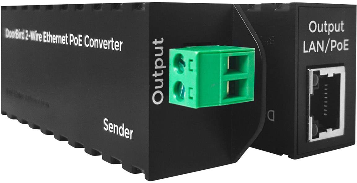 Convertisseur Zweidraht vers Ethernet PoE, Sortie LAN/PoE, Émetteur. L'appareil convertit un signal à 2 fils en un signal Ethernet compatible PoE.