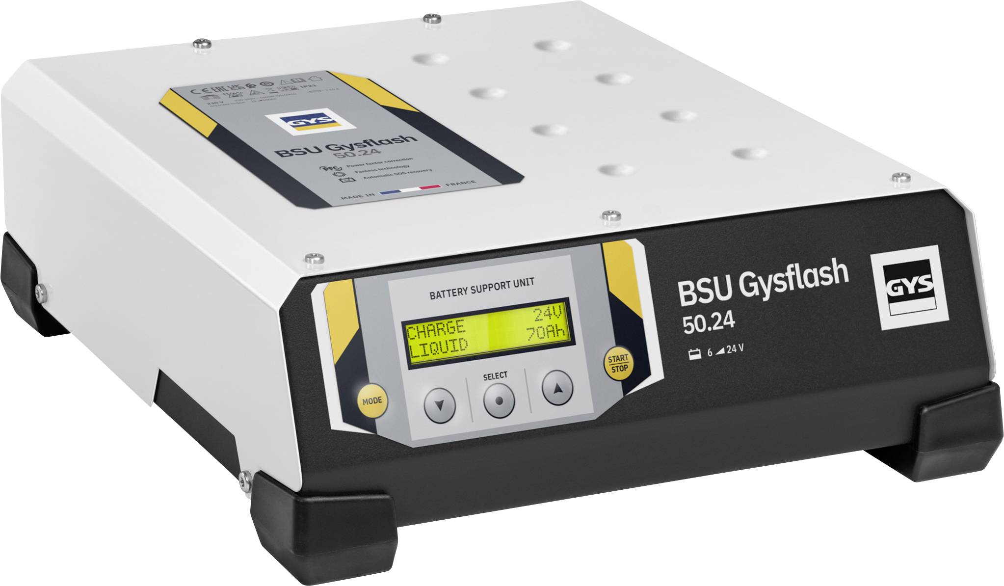 Unité de support de batterie étiquetée « BSU GySflash 50.24 » avec un petit panneau de commande LCD et des boutons, présentée dans une photo produit.