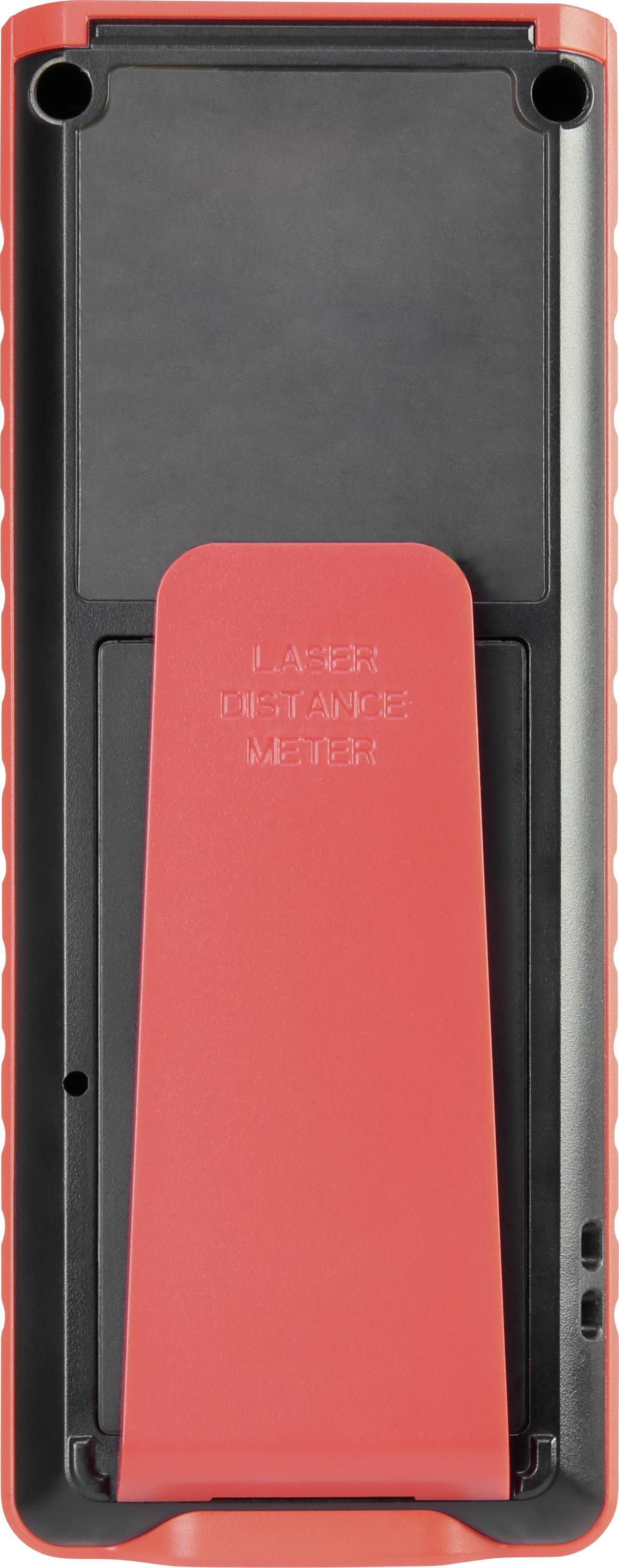 Dos d'une télécommande rouge et noire avec un support rétractable.