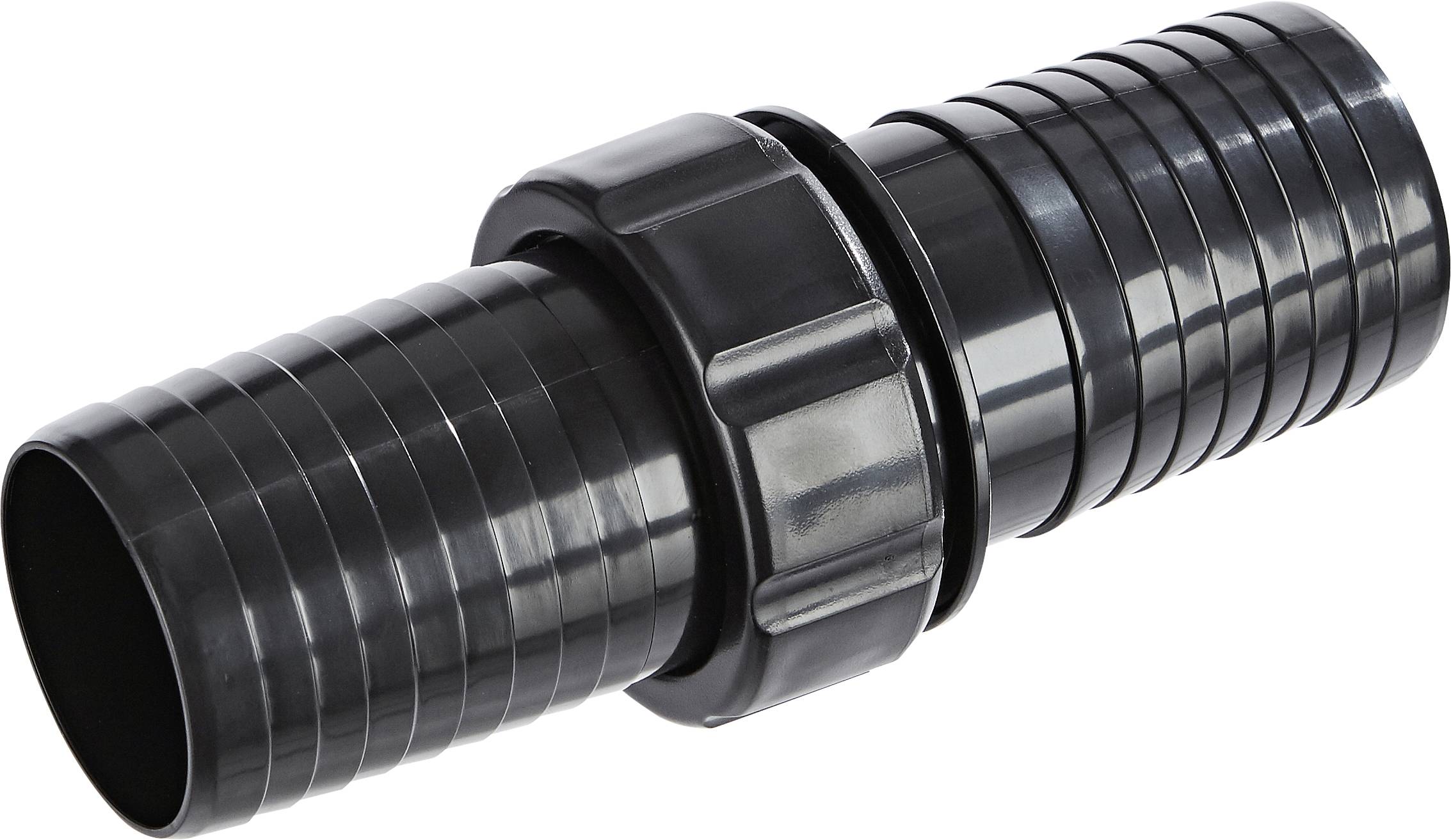 Connecteur de tube en plastique noir avec section médiane filetée pour raccorder des tuyaux.