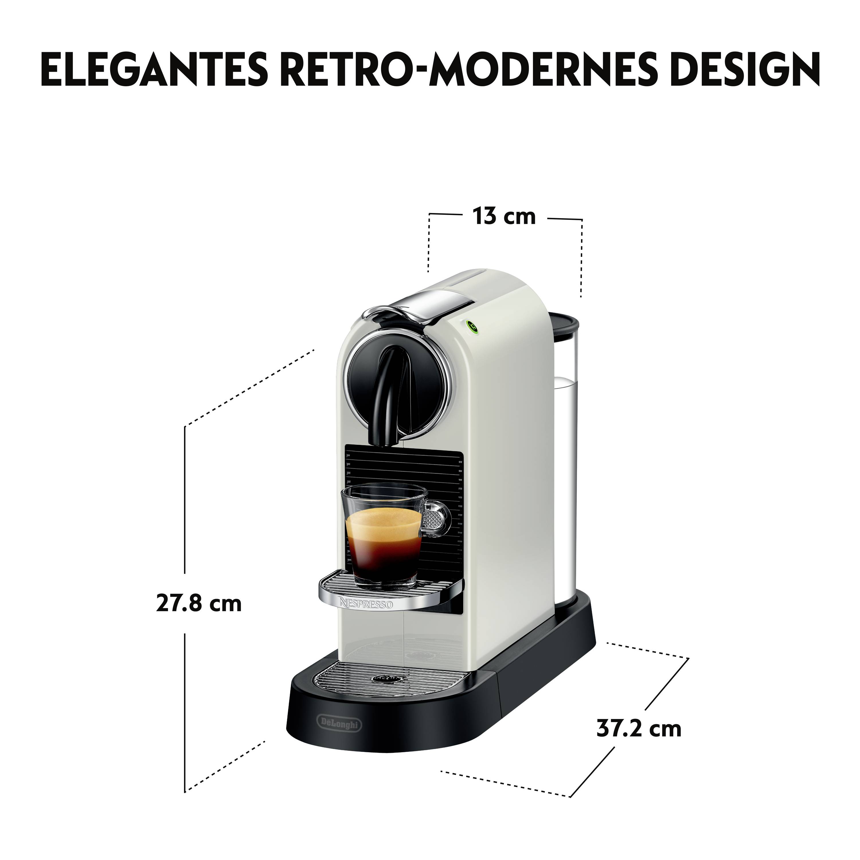 Machine à espresso au design rétro-moderne, dimensions : 27,8 cm de hauteur, 13 cm de largeur, 37,2 cm de profondeur. Tons clairs, taille compacte.