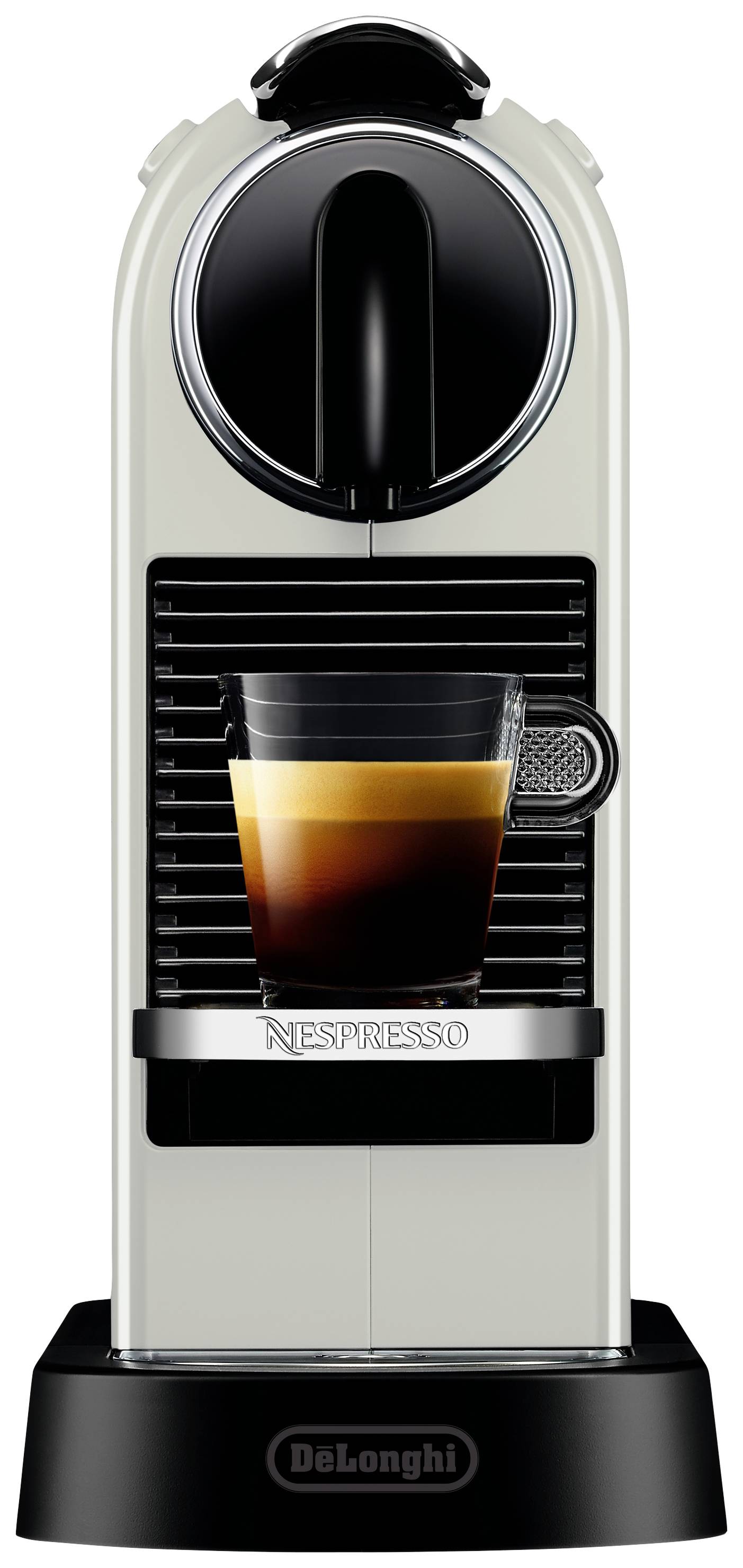 Une machine Nespresso blanche avec un verre d'espresso en dessous. La machine affiche le logo 'DeLonghi' à l'avant.