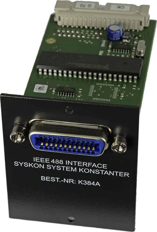 Carte d'interface avec connecteur IEEE 488 et prise bleue, étiquetée 'IEEE 488 INTERFACE SYSKON SYSTEM CONSTANTE N° DE COMMANDE : K384A'.