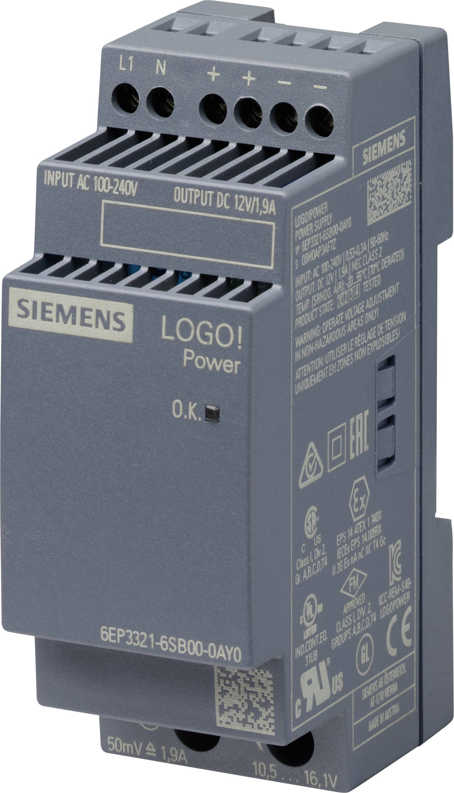 Module d'automatisation gris avec logo Siemens, affichant les entrées et sorties. Montage mural. Marqué pour entrée AC 100-240V, sortie DC 12V/1,9A.