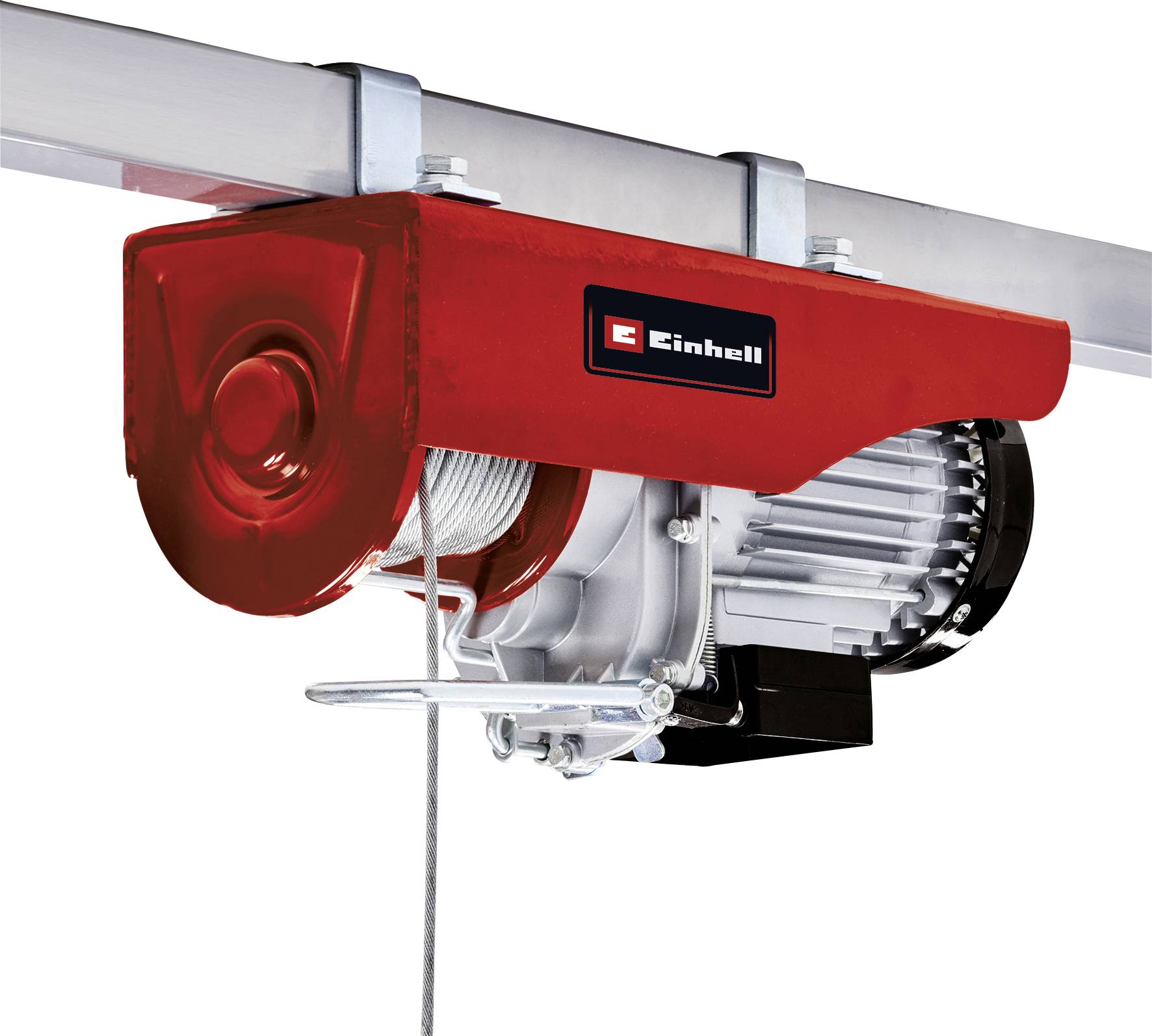 Treuil électrique Einhell rouge avec moteur électrique sur une traverse en acier, pour soulever et tirer des charges.