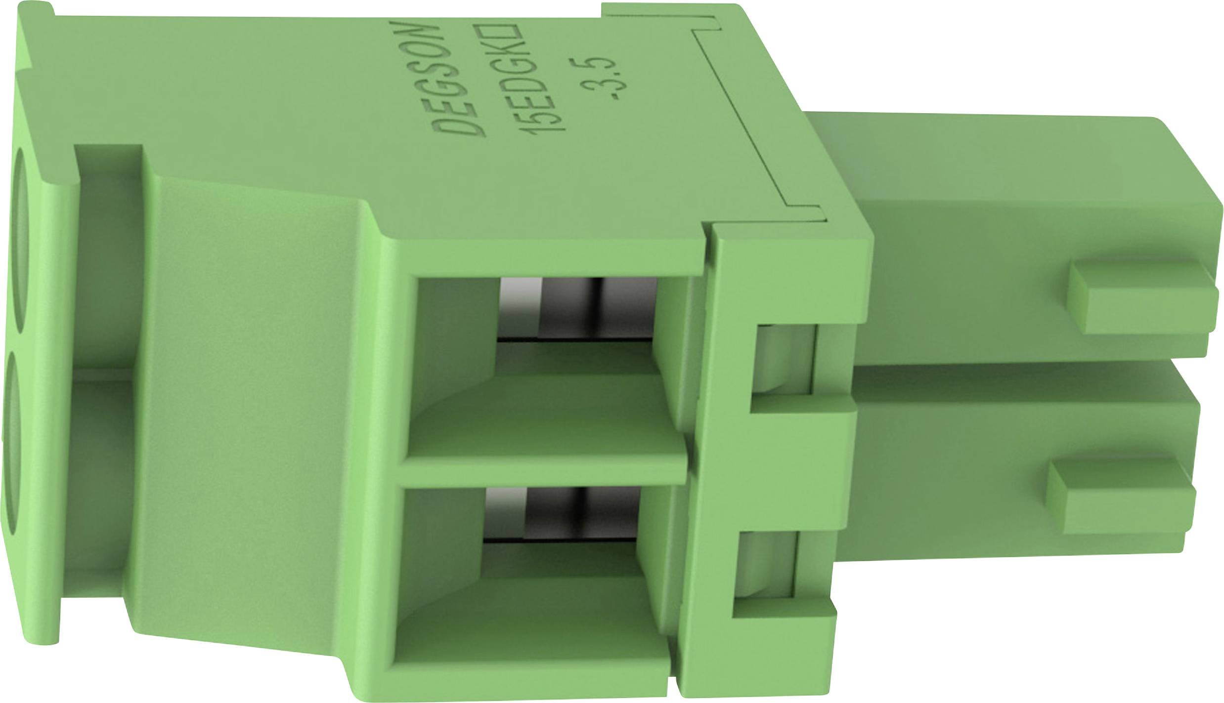 Connecteur électrique vert à deux broches avec boîtier rectangulaire et languettes de verrouillage latérales, présenté isolé sur un fond blanc.